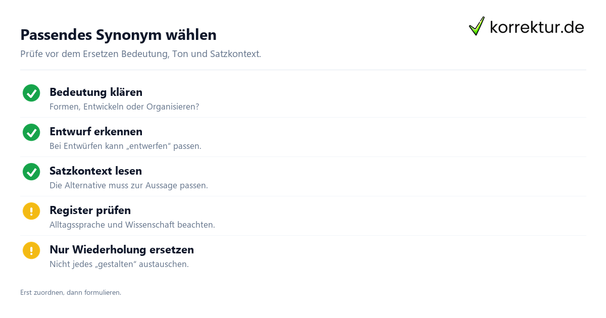 Passendes Synonym wählen Synonyme für „gestalten“ passend nach Bedeutung prüfen