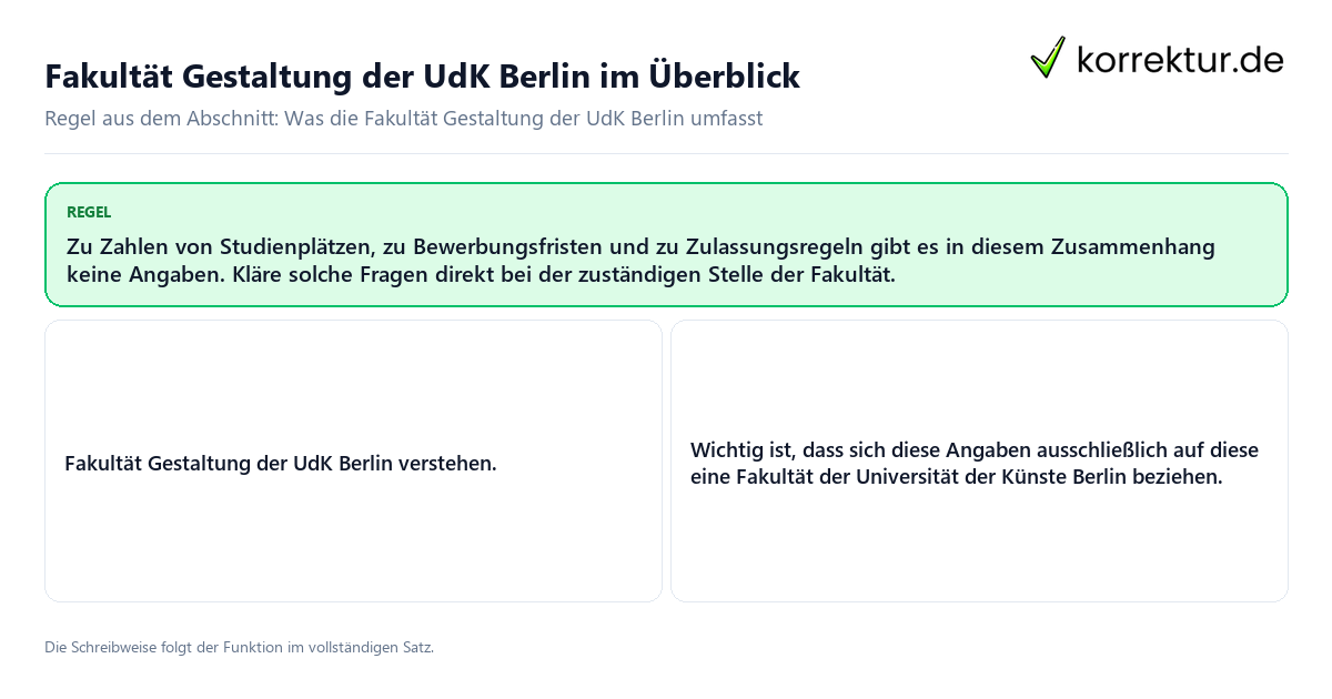 Konkrete Regel und vollständige Beispielsätze zu Fakultät Gestaltung der UdK Berlin im Überblick