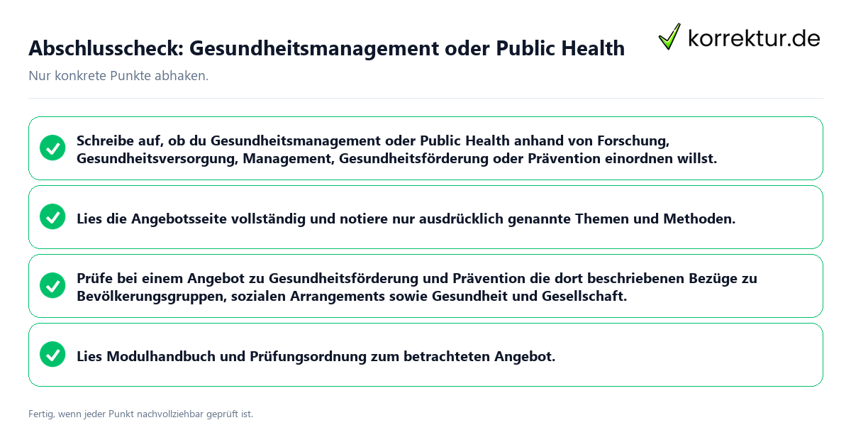 Konkreter Abschlusscheck zu Gesundheitsmanagement oder Public Health