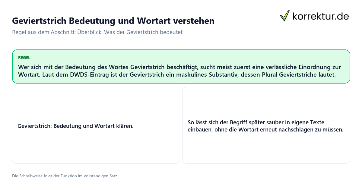 Konkrete Regel und vollständige Beispielsätze zu Geviertstrich Bedeutung und Wortart verstehen