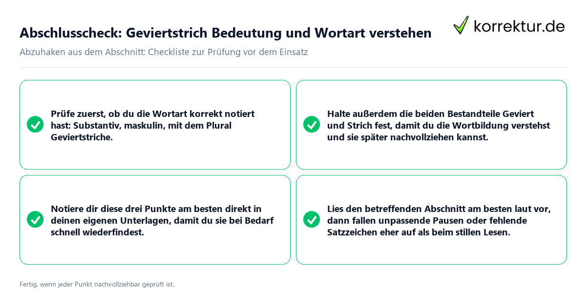 Konkreter Abschlusscheck zu Geviertstrich Bedeutung und Wortart verstehen