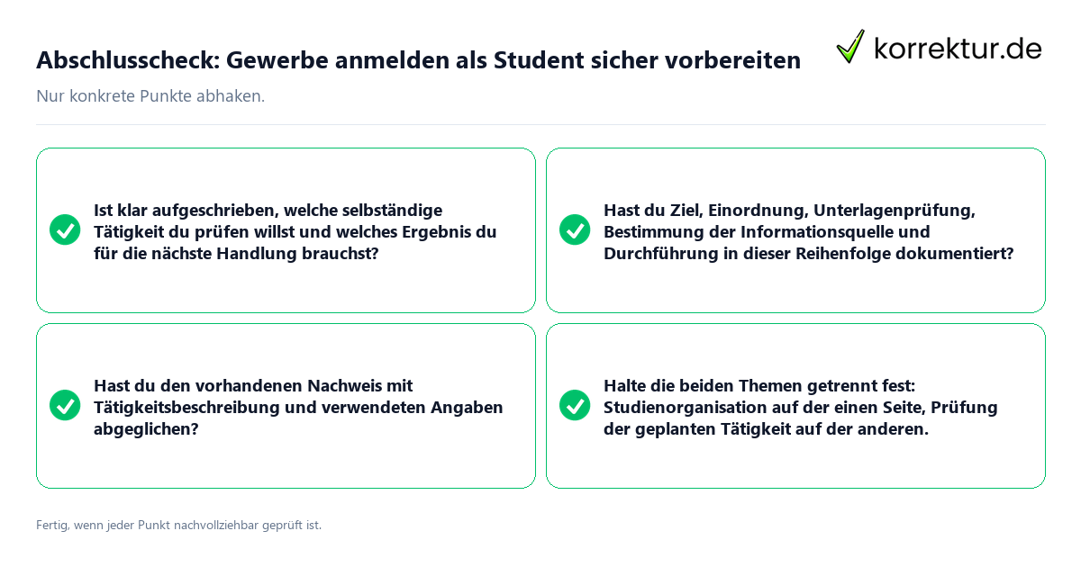 Konkreter Abschlusscheck zu Gewerbe anmelden als Student sicher vorbereiten