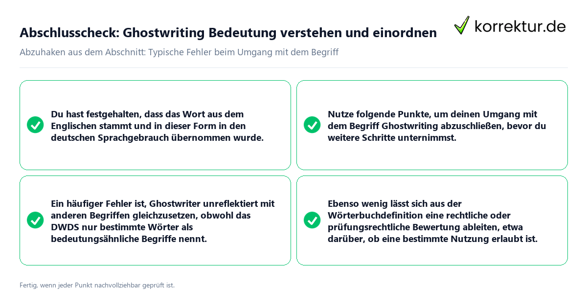 Abschlusscheck: Ghostwriting Bedeutung verstehen und einordnen Konkreter Abschlusscheck zu Ghostwriting Bedeutung verstehen und einordnen
