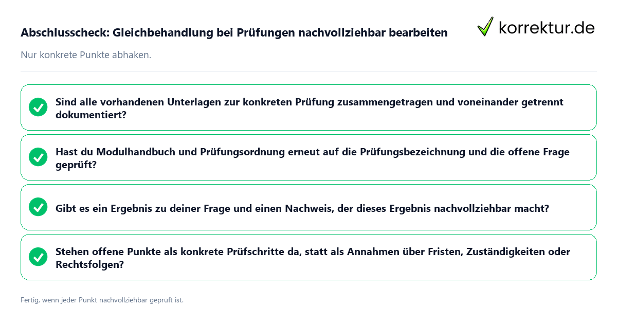Konkreter Abschlusscheck zu Gleichbehandlung bei Prüfungen nachvollziehbar bearbeiten
