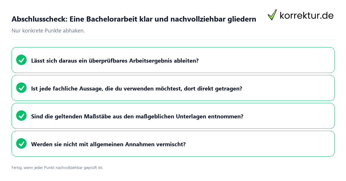 Konkreter Abschlusscheck zu Eine Bachelorarbeit klar und nachvollziehbar gliedern