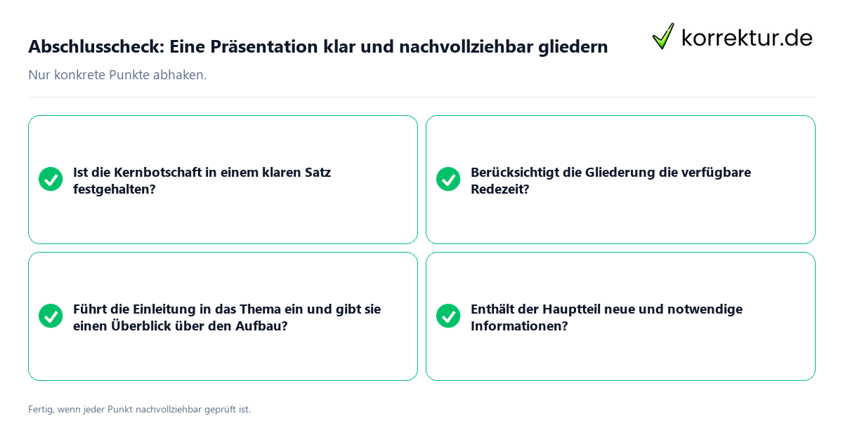 Konkreter Abschlusscheck zu Eine Präsentation klar und nachvollziehbar gliedern