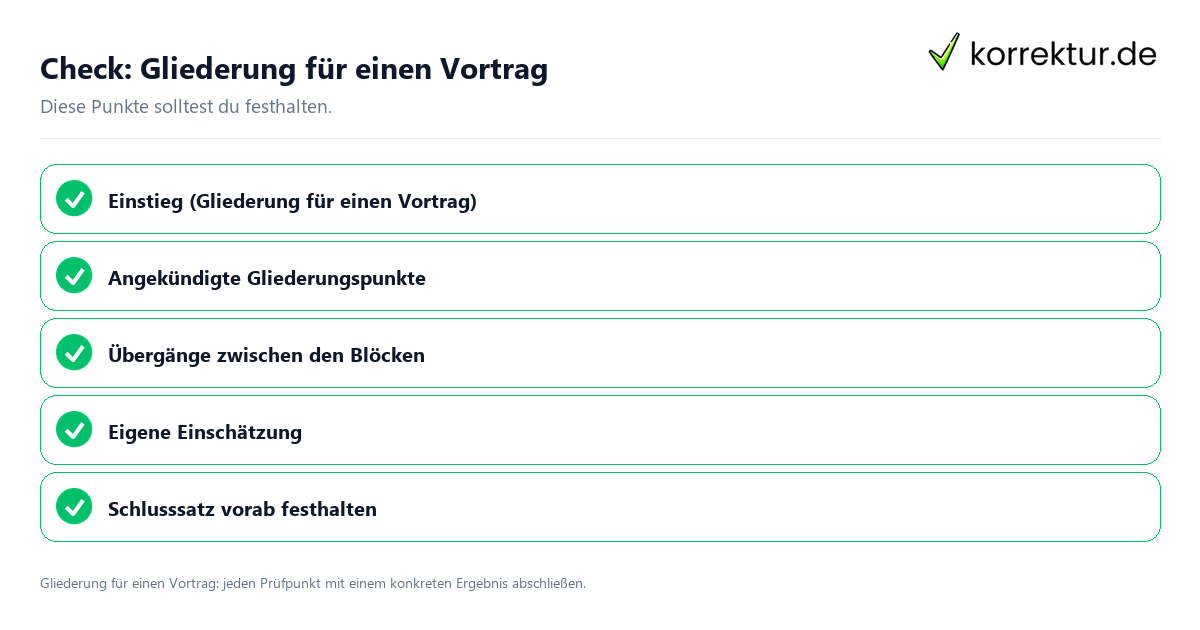 Gliederung für einen Vortrag mit einer themenspezifischen Checkliste