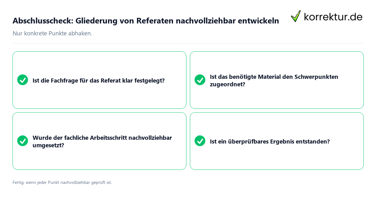 Konkreter Abschlusscheck zu Gliederung von Referaten nachvollziehbar entwickeln