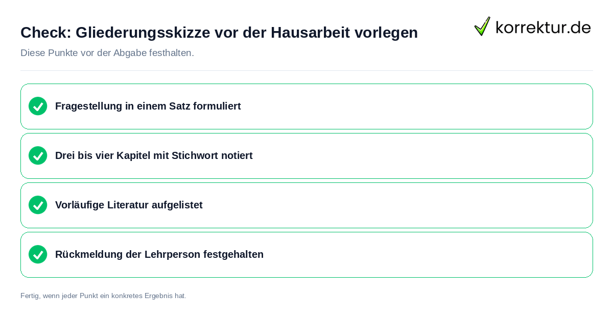 Check: Gliederungsskizze vor der Hausarbeit vorlegen Gliederungsskizze vor der Hausarbeit vorlegen: Prüfliste mit vier Punkten