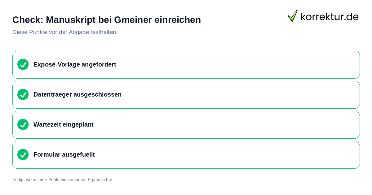 Manuskript bei Gmeiner einreichen: Prüfliste mit vier Punkten