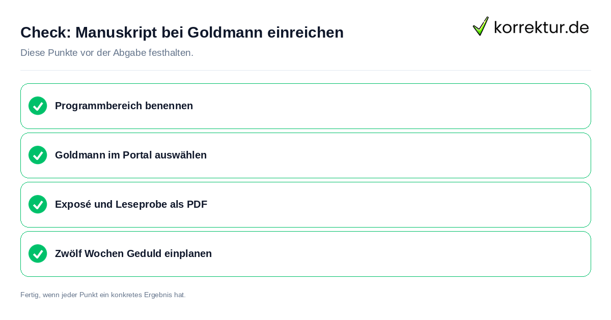 Check: Manuskript bei Goldmann einreichen Manuskript bei Goldmann einreichen: Prüfliste mit vier Punkten