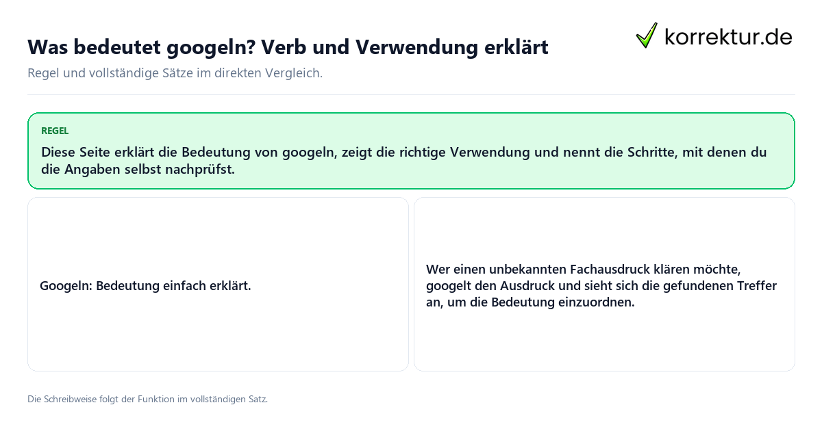 Konkrete Regel und vollständige Beispielsätze zu Was bedeutet googeln? Verb und Verwendung erklärt