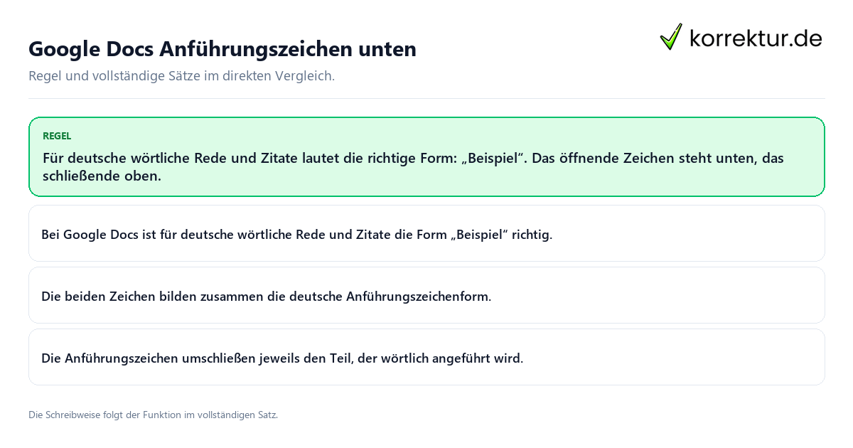 Konkrete Regel und vollständige Beispielsätze zu Google Docs Anführungszeichen unten