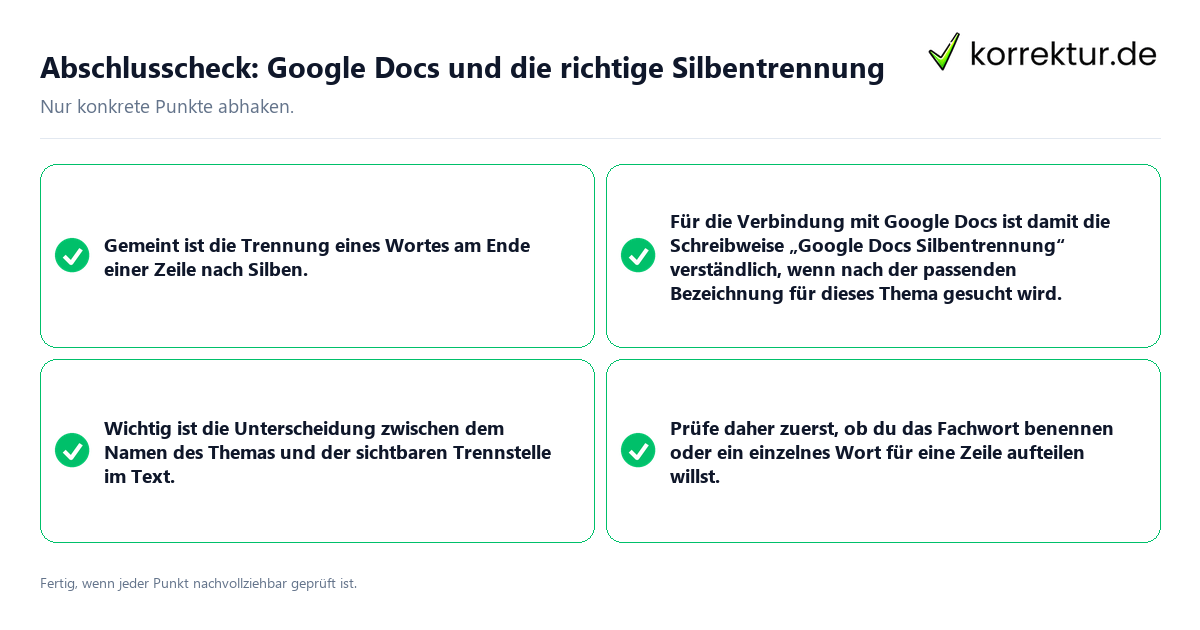 Konkreter Abschlusscheck zu Google Docs und die richtige Silbentrennung