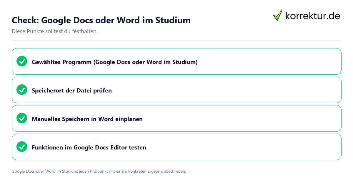 Google Docs oder Word im Studium mit einer themenspezifischen Checkliste