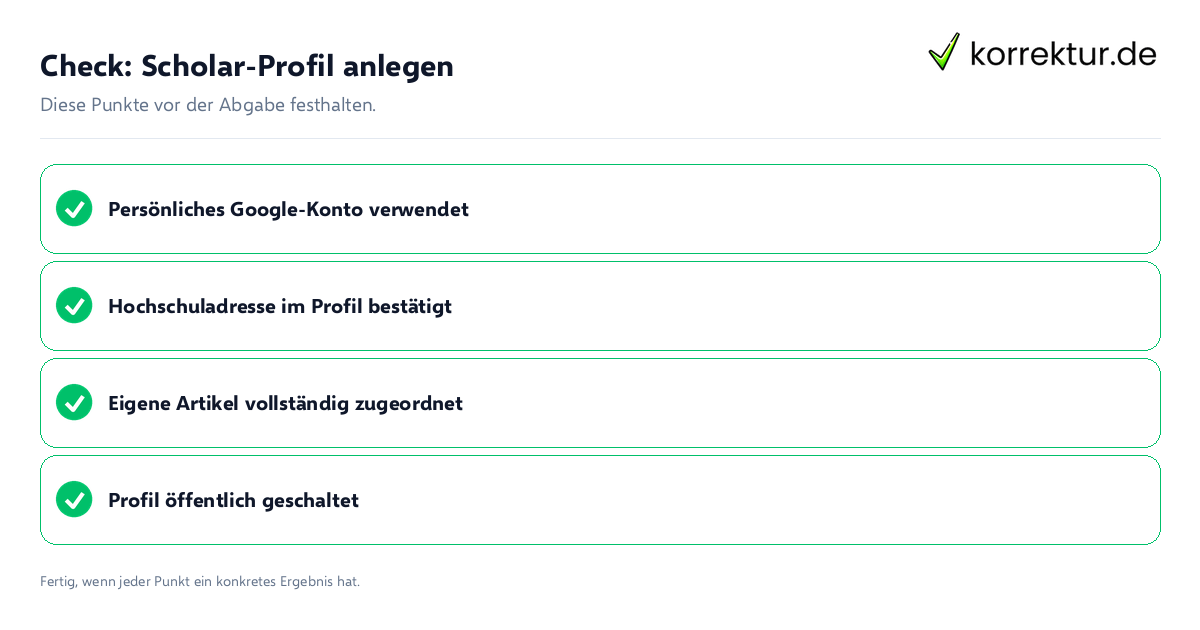 Check: Scholar-Profil anlegen Scholar-Profil anlegen: Prüfliste mit vier Punkten
