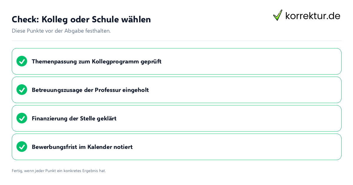 Check: Kolleg oder Schule wählen Kolleg oder Schule wählen: Prüfliste mit vier Punkten