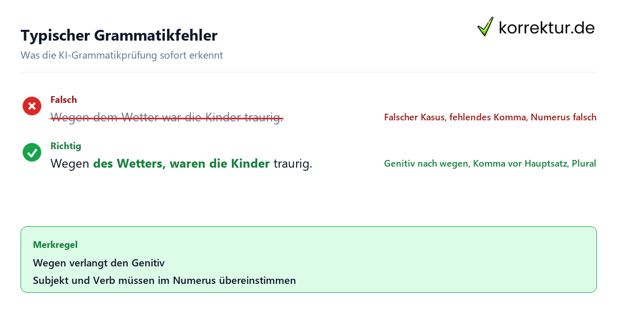 Typischer Grammatikfehler Grammatikprüfung mit KI online kostenlos: Kasus und Komma korrigiert