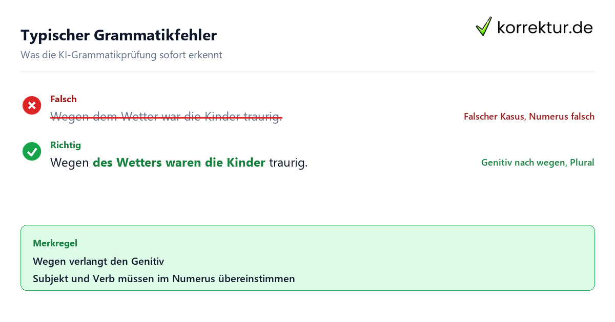 Typischer Grammatikfehler Grammatikprüfung mit KI online kostenlos: Kasus und Numerus korrigiert