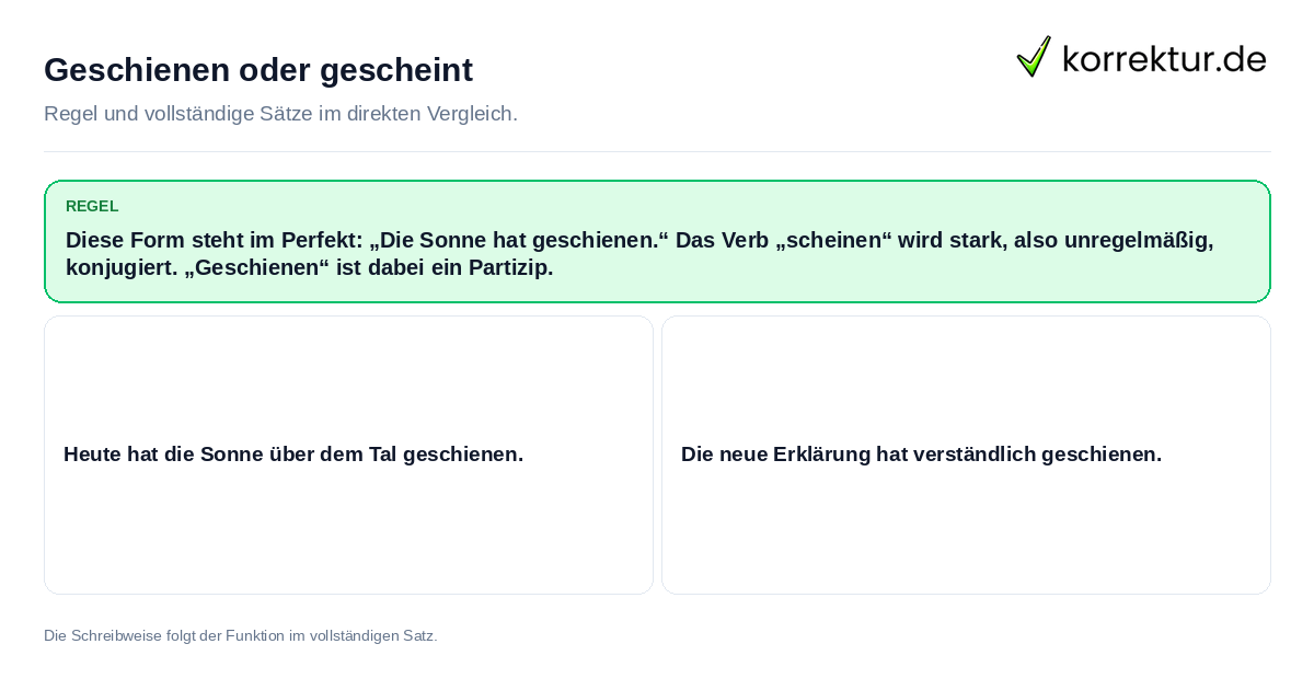 Konkrete Regel und vollständige Beispielsätze zu Geschienen oder gescheint