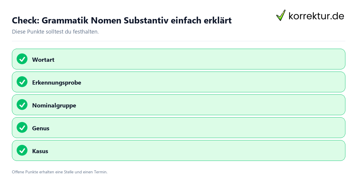 Grammatik Nomen Substantiv einfach erklärt mit Checkliste für Unterlagen und nächste Schritte