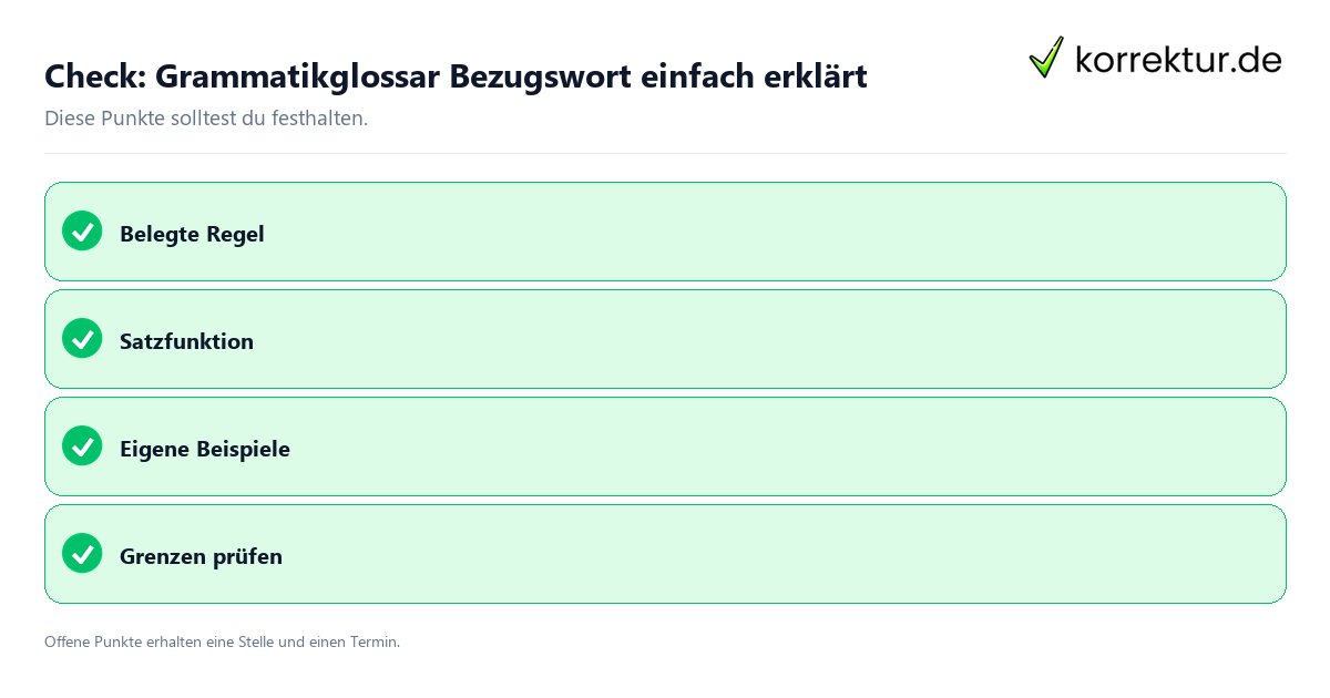 Grammatikglossar Bezugswort einfach erklärt mit Checkliste für Unterlagen und nächste Schritte