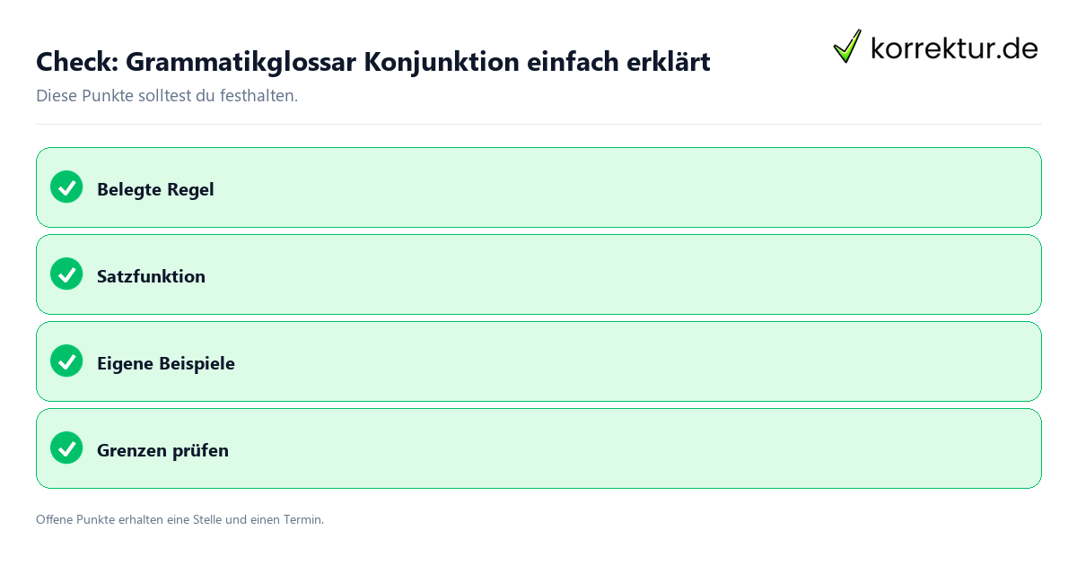 Grammatikglossar Konjunktion einfach erklärt mit Checkliste für Unterlagen und nächste Schritte