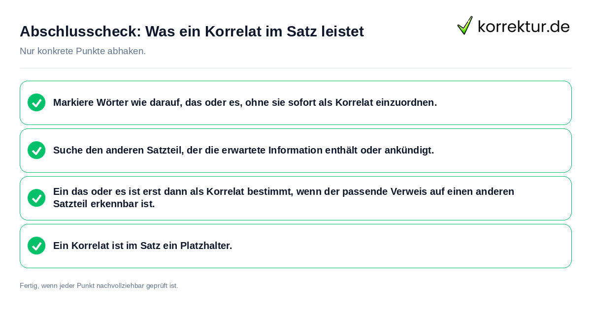 Konkreter Abschlusscheck zu Was ein Korrelat im Satz leistet