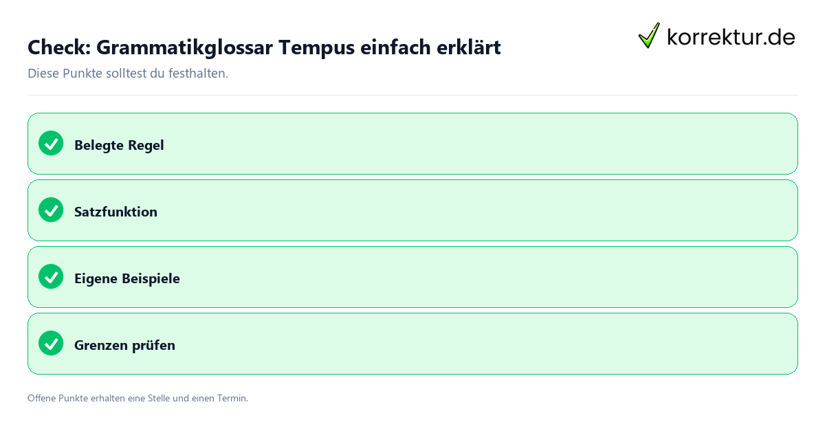 Grammatikglossar Tempus einfach erklärt mit Checkliste für Unterlagen und nächste Schritte
