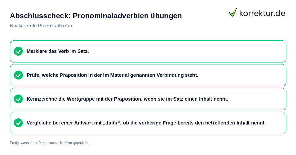 Konkreter Abschlusscheck zu Pronominaladverbien übungen