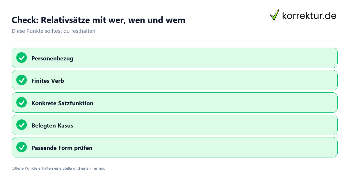 Relativsätze mit wer, wen und wem mit Checkliste für Unterlagen und nächste Schritte