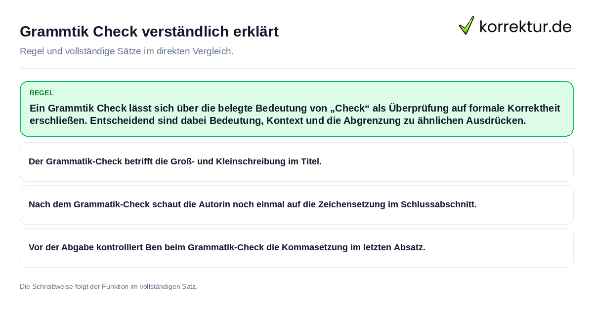 Konkrete Regel und vollständige Beispielsätze zu Grammtik Check verständlich erklärt