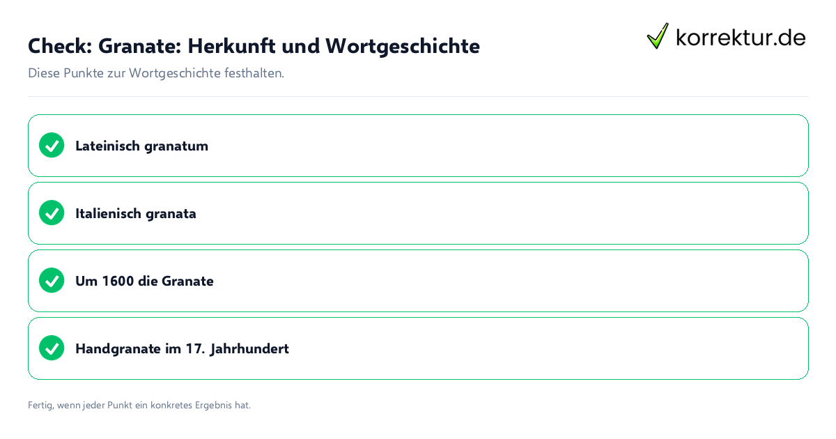 Granate: Herkunft und Wortgeschichte: Prüfliste mit vier Punkten