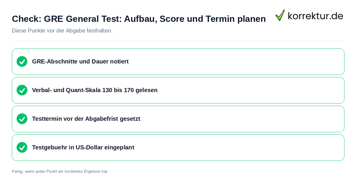 Check: GRE General Test: Aufbau, Score und Termin planen GRE General Test: Aufbau, Score und Termin planen: Prüfliste mit vier Punkten
