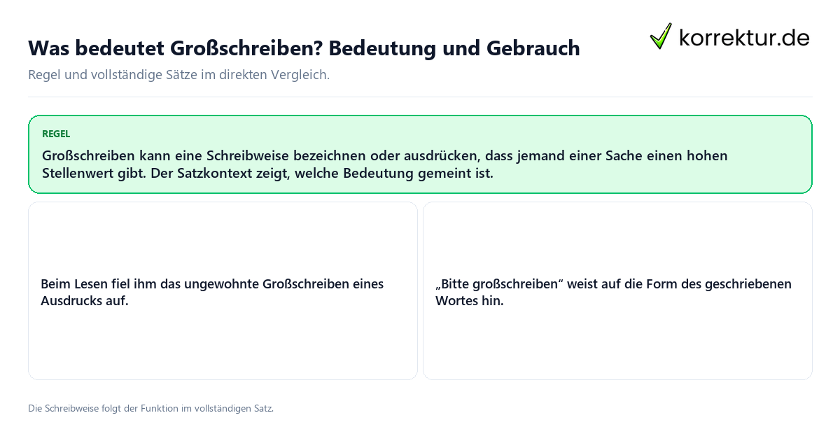 Konkrete Regel und vollständige Beispielsätze zu Was bedeutet Großschreiben? Bedeutung und Gebrauch
