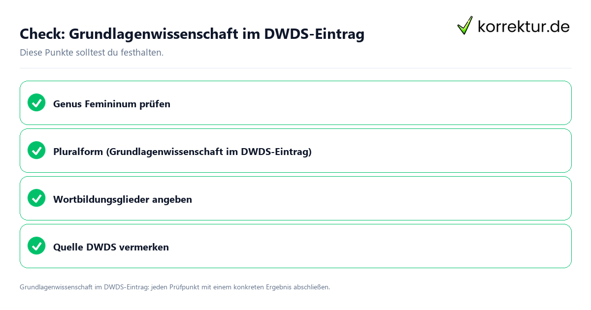 Grundlagenwissenschaft im DWDS-Eintrag mit einer themenspezifischen Checkliste