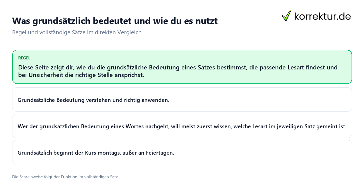 Konkrete Regel und vollständige Beispielsätze zu Was grundsätzlich bedeutet und wie du es nutzt