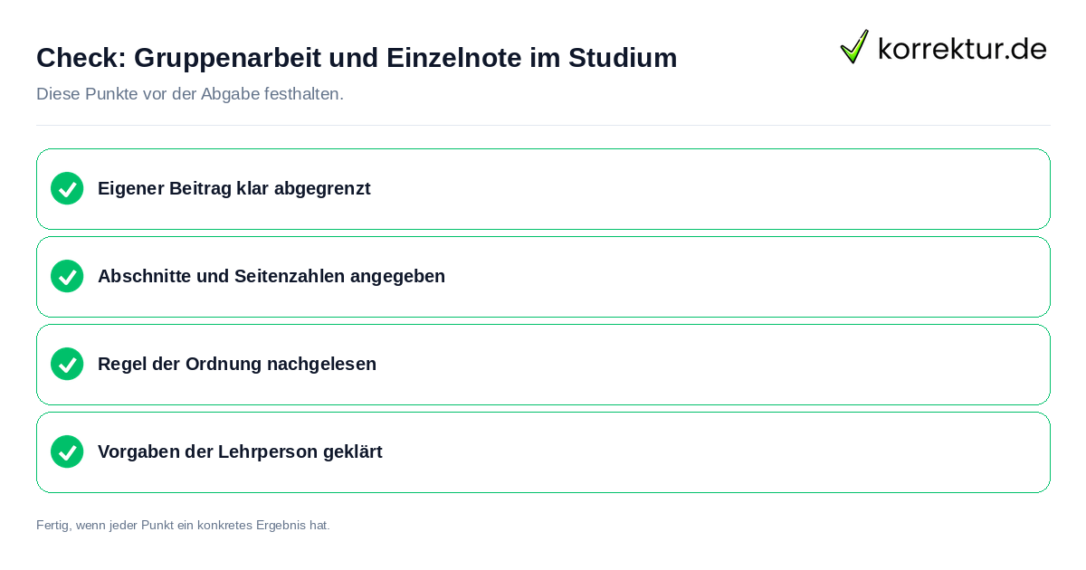 Gruppenarbeit und Einzelnote im Studium: Prüfliste mit vier Punkten