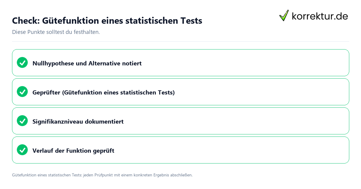 Gütefunktion eines statistischen Tests mit einer themenspezifischen Checkliste