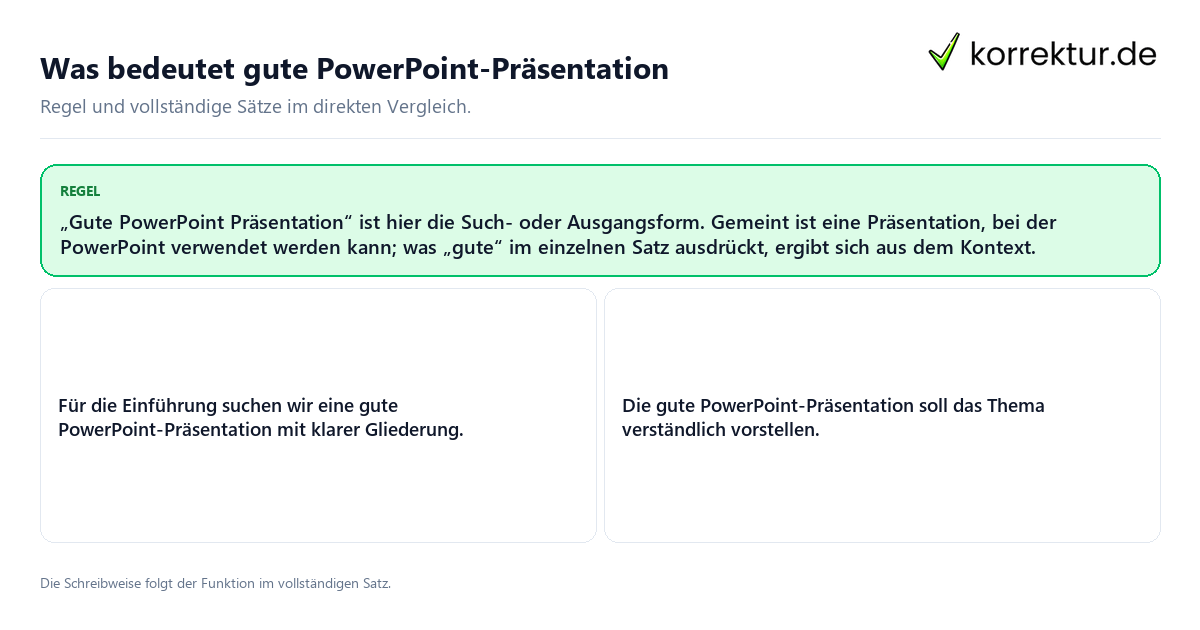 Was bedeutet gute PowerPoint-Präsentation Konkrete Regel und vollständige Beispielsätze zu Was bedeutet gute PowerPoint-Präsentation