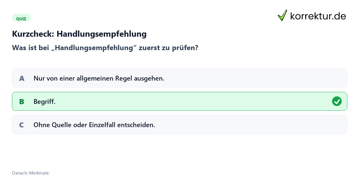 Handlungsempfehlung mit einem Kurzquiz zum sinnvollen nächsten Schritt