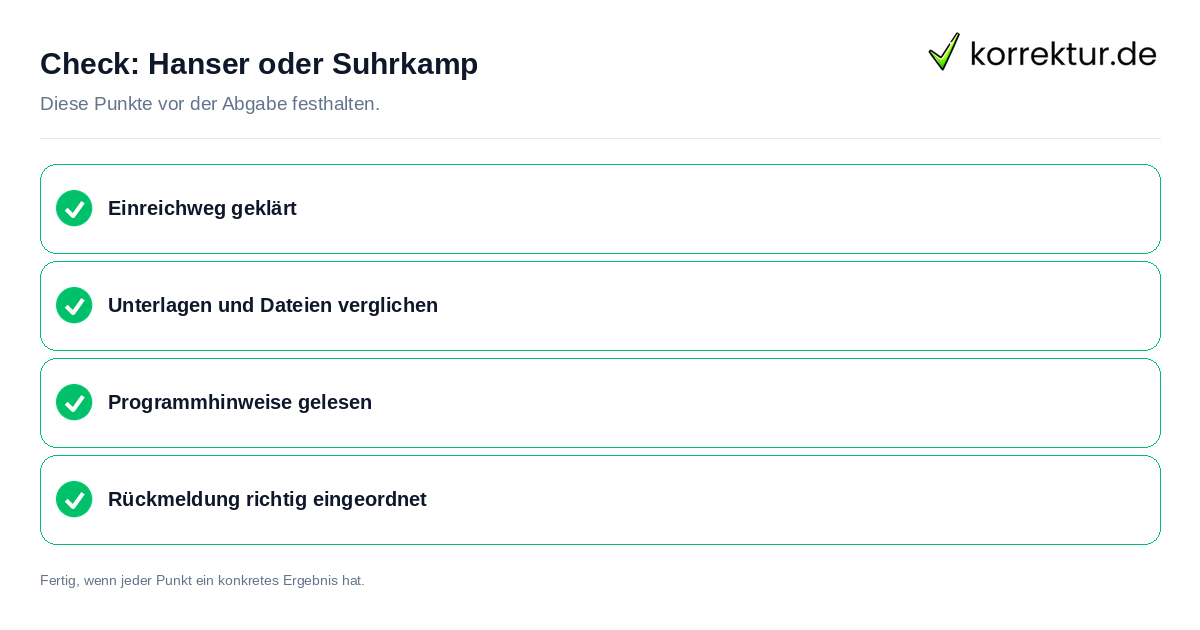 Check: Hanser oder Suhrkamp Hanser oder Suhrkamp: Prüfliste mit vier Punkten