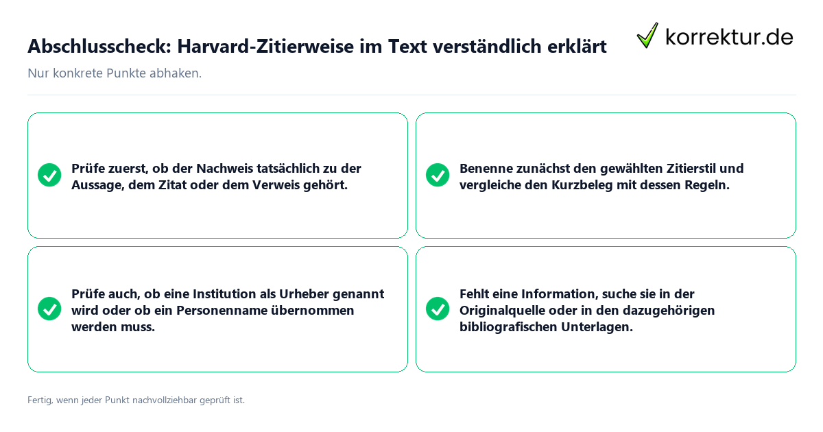 Konkreter Abschlusscheck zu Harvard-Zitierweise im Text verständlich erklärt