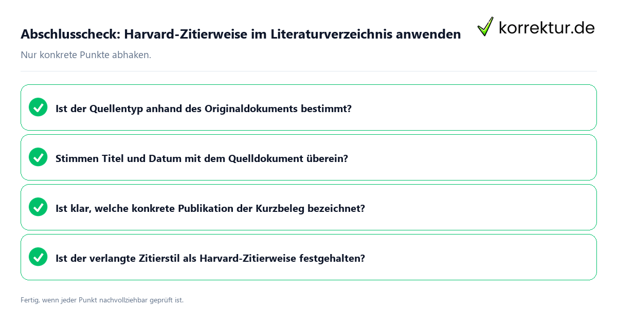 Konkreter Abschlusscheck zu Harvard-Zitierweise im Literaturverzeichnis anwenden