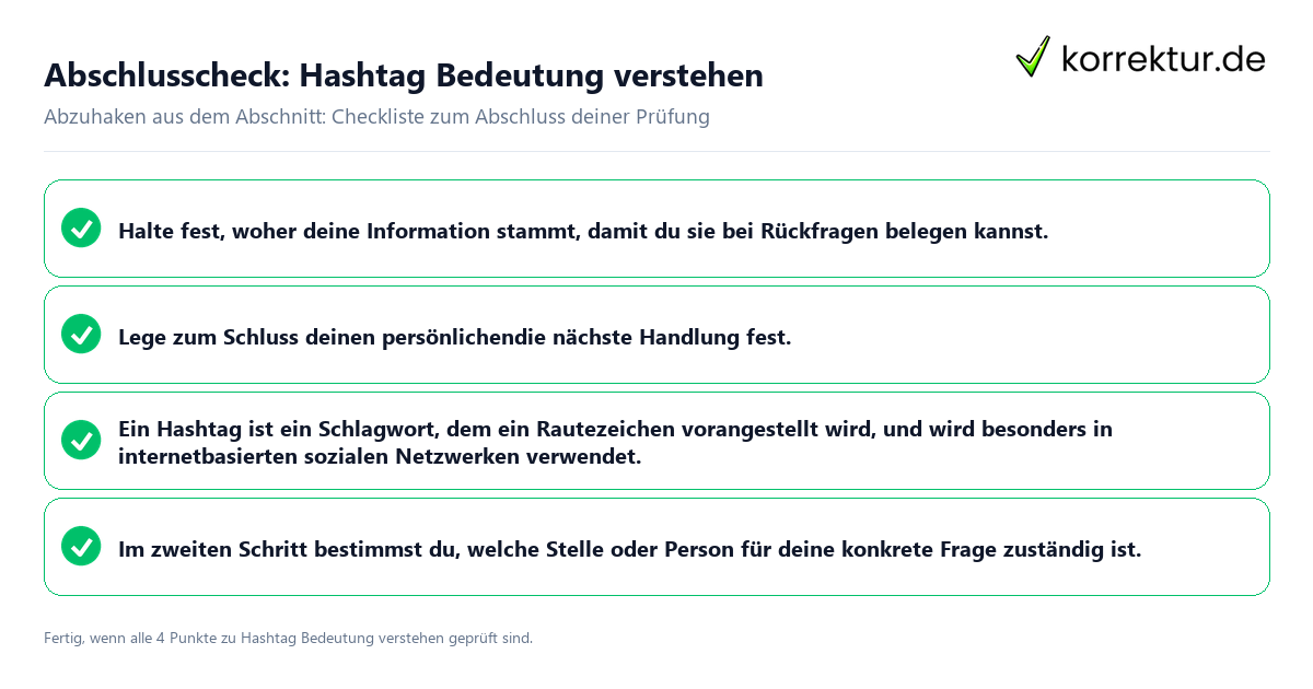 Abschlusscheck: Hashtag Bedeutung verstehen Konkreter Abschlusscheck zu Hashtag Bedeutung verstehen