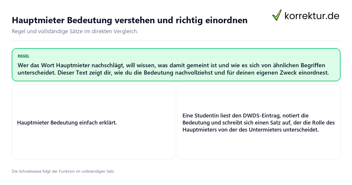 Konkrete Regel und vollständige Beispielsätze zu Hauptmieter Bedeutung verstehen und richtig