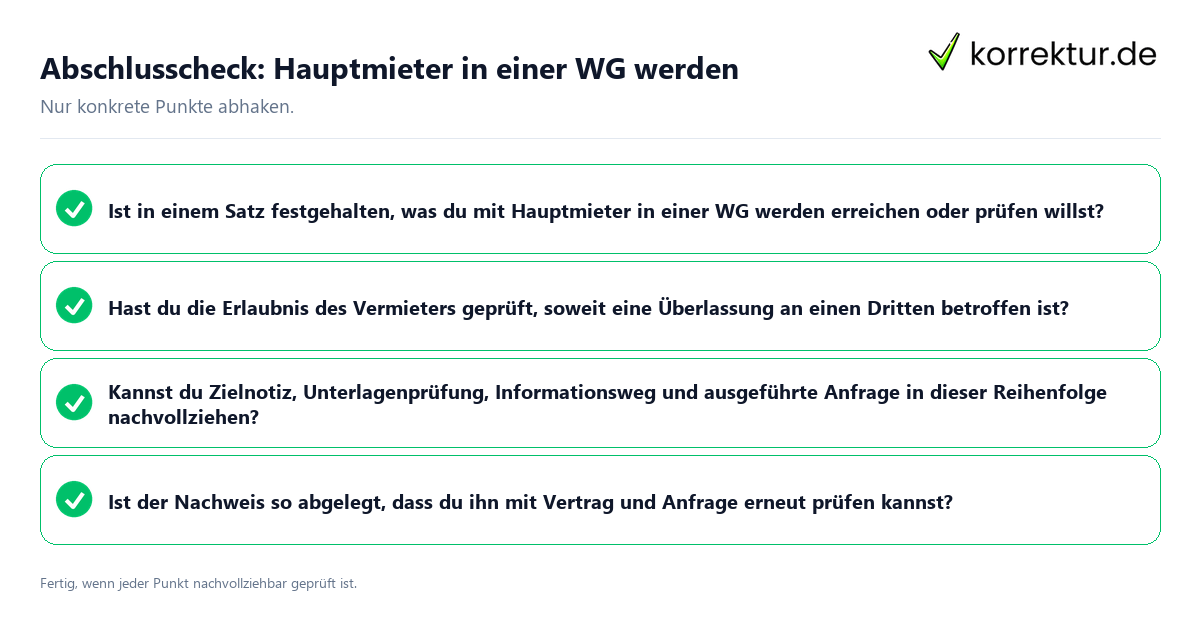 Konkreter Abschlusscheck zu Hauptmieter in einer WG werden