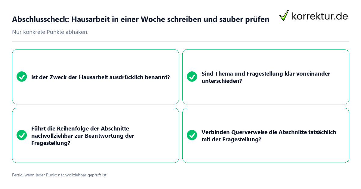 Konkreter Abschlusscheck zu Hausarbeit in einer Woche schreiben und sauber prüfen