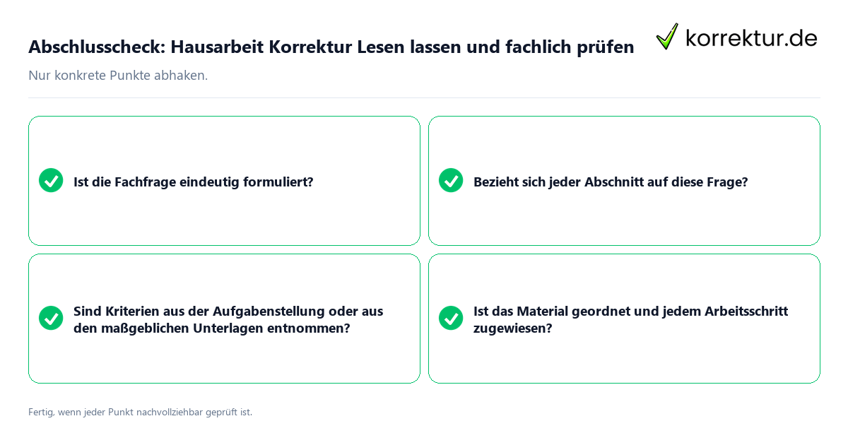 Konkreter Abschlusscheck zu Hausarbeit Korrektur Lesen lassen und fachlich prüfen