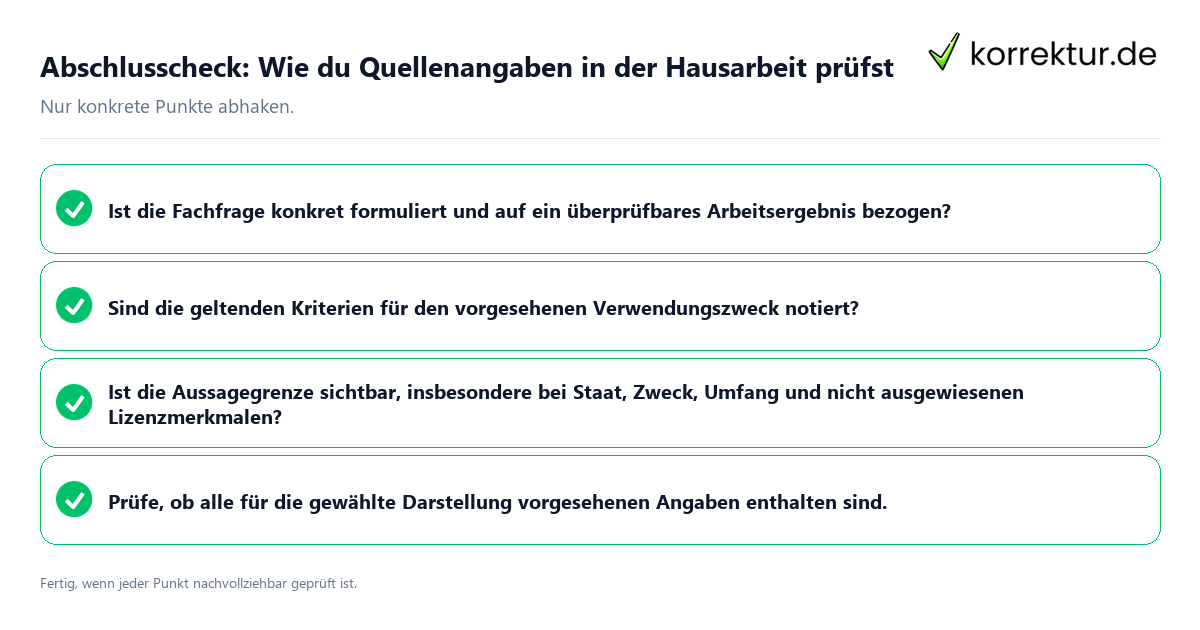Konkreter Abschlusscheck zu Wie du Quellenangaben in der Hausarbeit prüfst